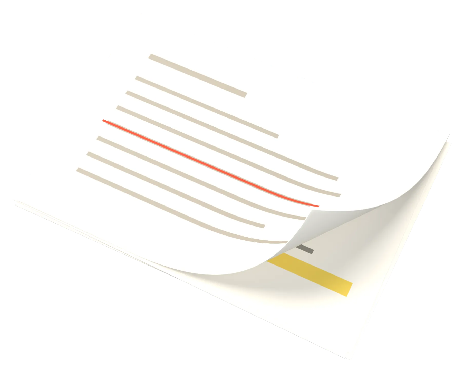 A stack of note pages. The top page has a line struck through in red; its corner is folded back to reveal the same line highlighted in yellow on the page beneath.